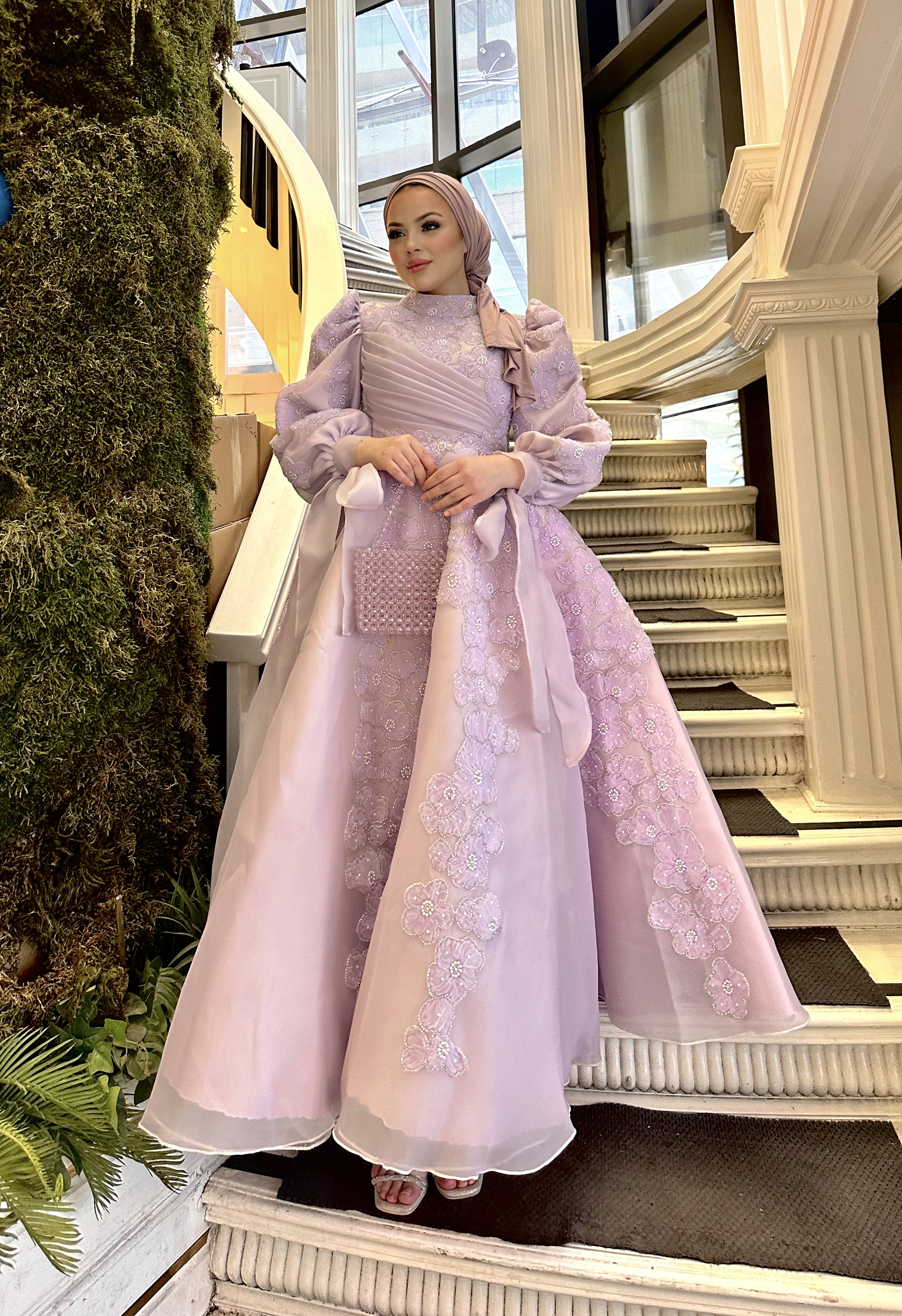 Lila Çiçek Desenli Abiye
